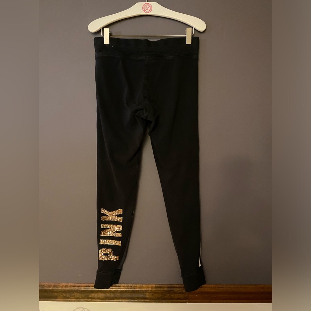 VS PINK YOGA PANTS JOGGERS LEGGINGS BLACK COLORBLOCK GOLD BLING LOGO HTF MEDIUM